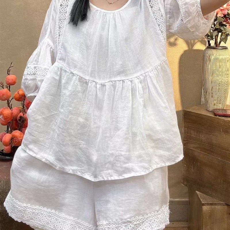 2024夏日系文艺轻薄苎麻清新小众设计减龄洋气娃娃款衬衫女套装,淘宝优惠券,粉丝福利购,淘宝优惠卷