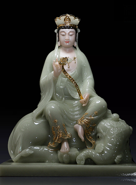 热销汉白玉文殊菩萨文殊普贤佛像翠玉金镶玉普贤菩萨供奉华严三圣