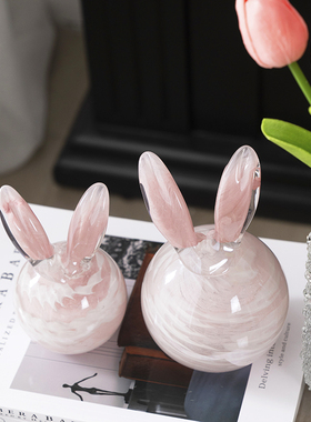 热销现代简约琉璃粉玉兔摆件创意客厅书房卧室桌面可爱兔子家居装