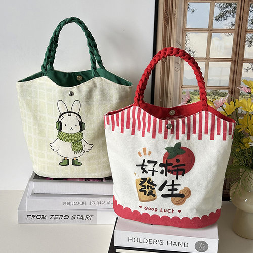卡通帆布磁扣水桶包可折叠手提包通勤手拎包便携饭盒包学生便当包 - 图2