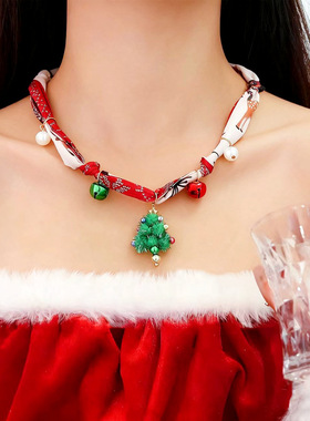 跨境时尚彩色圣诞节丝巾项链女麋鹿圣诞老人圣诞树创意百搭锁骨