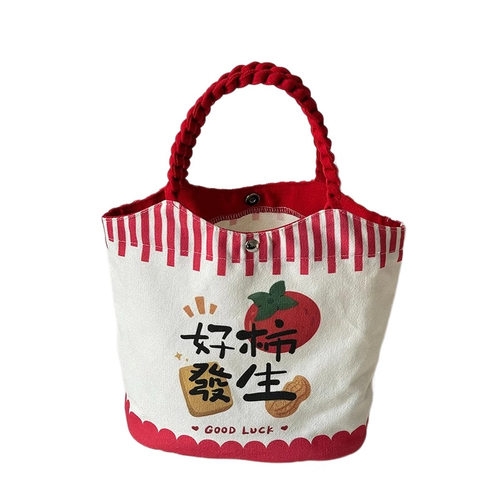 卡通帆布磁扣水桶包可折叠手提包通勤手拎包便携饭盒包学生便当包 - 图3