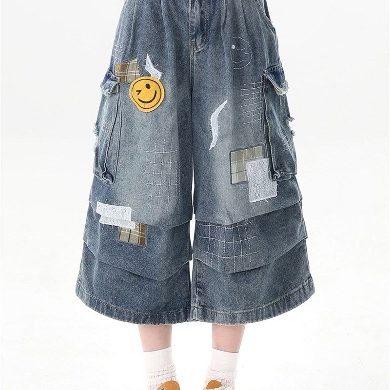 大码女装卡通刺绣贴布阔腿七分牛仔短裤女胖mm蓝色遮胯显瘦短裤子,淘宝优惠券,粉丝福利购,淘宝优惠卷