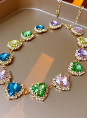 日韩彩色镶钻爱心项链个性时尚锁骨链小众轻奢高级感项饰女款