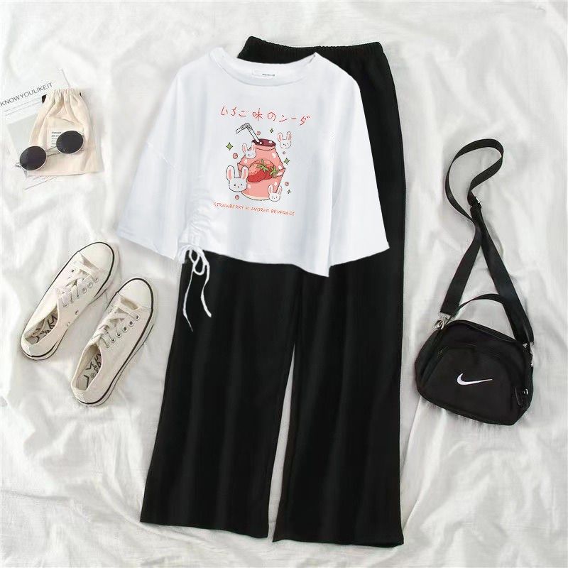 单件/套装夏季新款不规则抽绳短款短袖t恤女宽松休闲阔腿裤两件套,淘宝优惠券,粉丝福利购,淘宝优惠卷