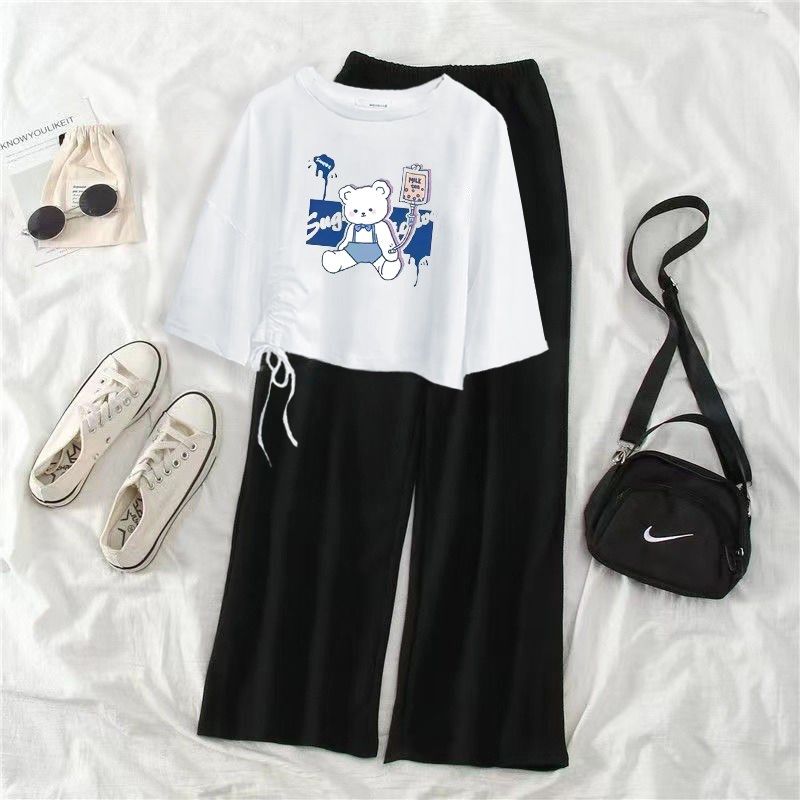 单件/套装夏季新款不规则抽绳短款短袖t恤女宽松休闲阔腿裤两件套,淘宝优惠券,粉丝福利购,淘宝优惠卷