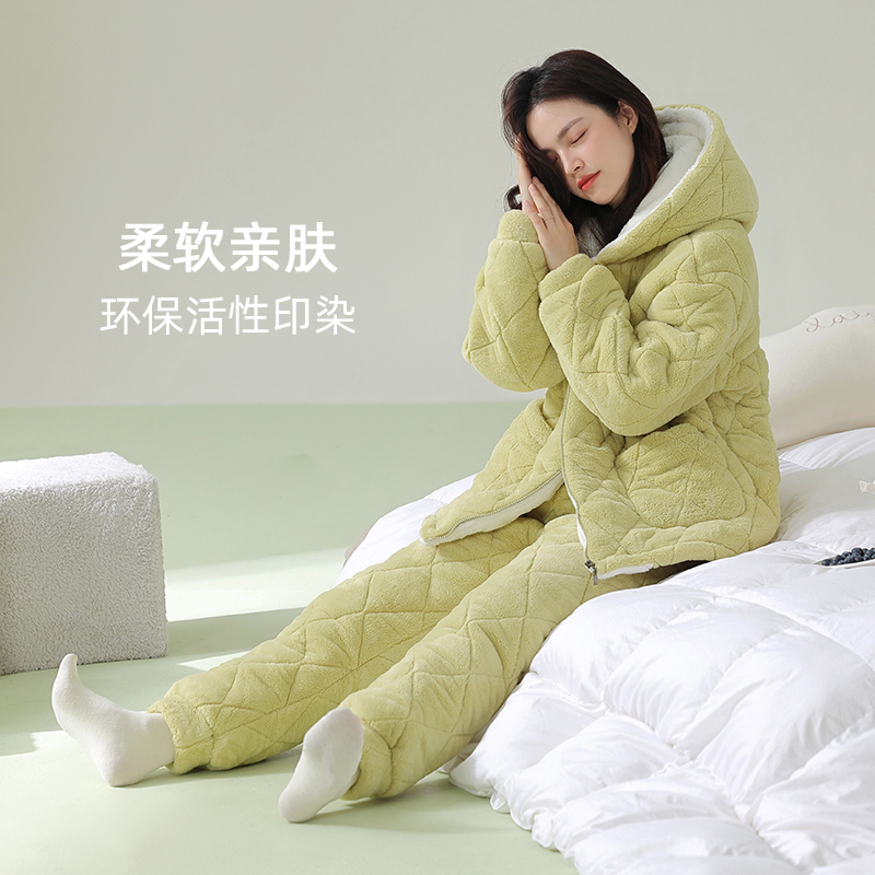 七色纺珊瑚绒三层夹棉加绒加厚睡衣女冬季保暖家居服特厚棉袄套装