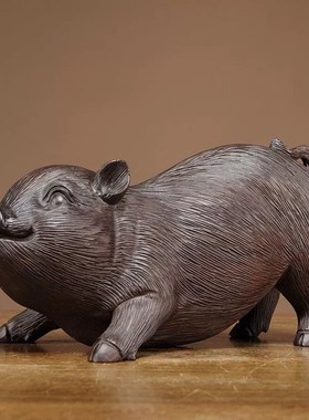 黑檀木雕刻生肖猪摆件实木对猪福猪家居客厅装饰摆设红木工艺礼品