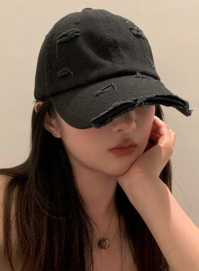 春秋季棒球帽女嘻哈百搭软顶弯檐复古个性做旧破洞鸭舌帽男可调节