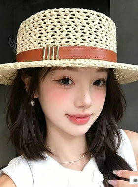 海边遮阳防晒帽子老钱风复古镂空平顶草帽女夏季高级感礼帽度假风