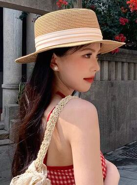 法式优雅平顶草帽女夏季海边度假拍照礼帽大帽檐沙滩遮阳防晒帽子