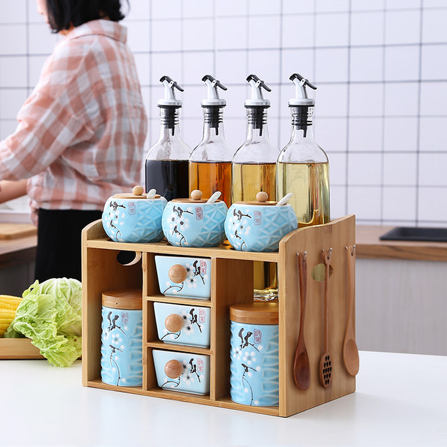 Kitchen ceramic seasoning box, salt tank, oil bottle, creative seasoning tank sealed tank storage box storage rack combination