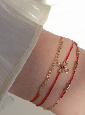 手工制作14K包金细链多层链条个性极细手链新年幸运红绳女手绳