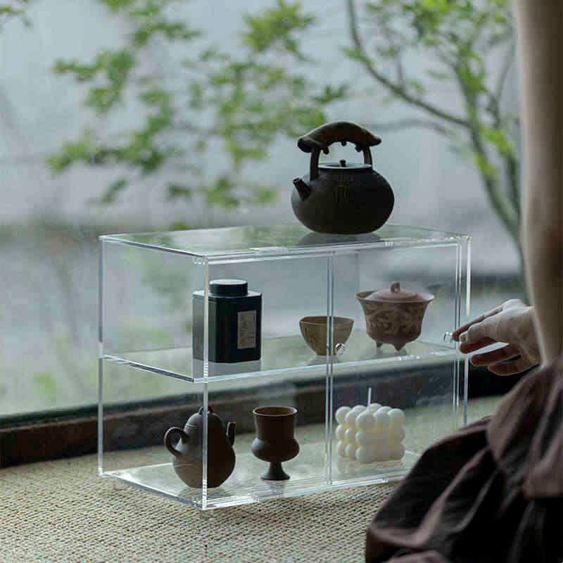 Grass and Wood Temple sliding door acrylic tea shed tea set storage display bo ancient shelf indoor home shelf dustproof