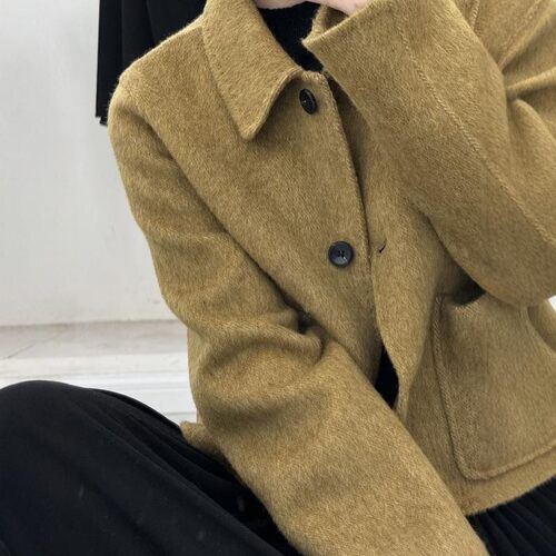 秋冬款双面羊绒大衣女短款韩版减龄小个子翻领宽松羊毛呢外套上衣 - 图3