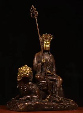 直销新款黄铜地藏王菩萨精品红铜鎏金骑兽菩萨铜像客厅工艺品装饰