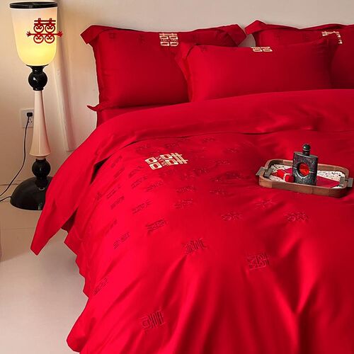 新中式红色四件套高级感婚嫁喜被婚庆喜刺绣被套结婚床上用品 - 图0