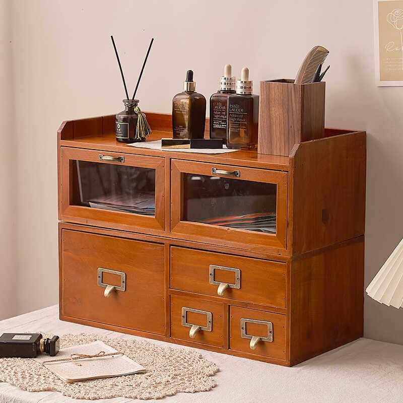 Wooden multi-grid storage rack retro desk stationery desktop storage box drawer cabinet dresser table cosmetics