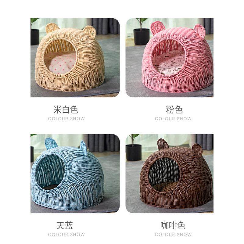 小熊耳朵圆形编织猫窝四季通用透气半封闭式安全感猫窝手工彷藤编,淘宝优惠券,粉丝福利购,淘宝优惠卷