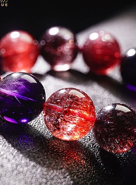 天然黑加仑超七手链女单圈三圈手串紫发晶云母金草莓黑超紫超水晶