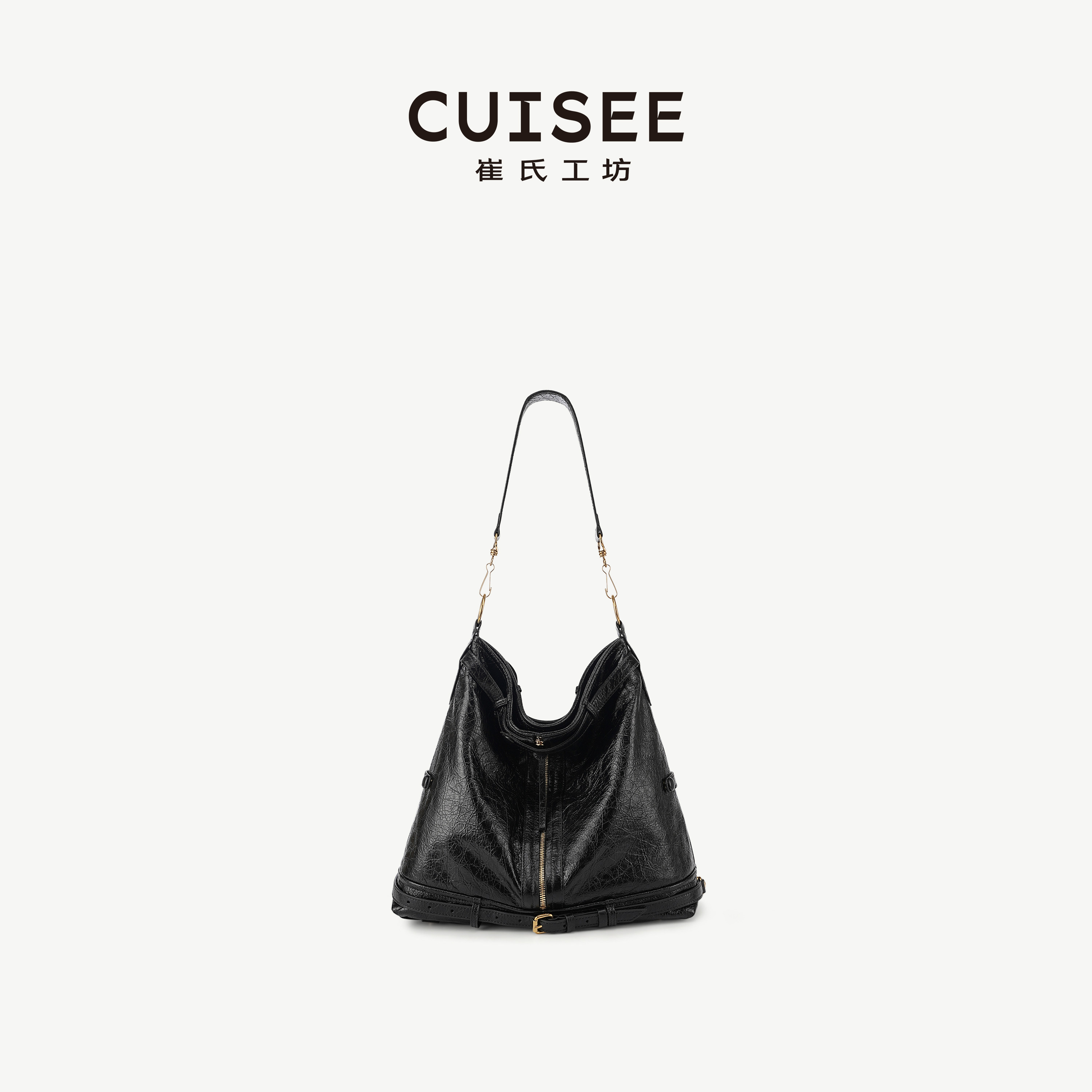 Cuisee/崔氏新款油蜡羊皮机车水桶包大容量通勤单肩包时尚手提包