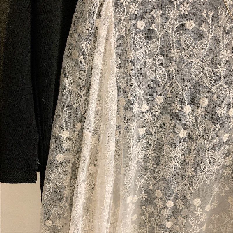 韩国订单宽松显瘦刺绣高领喇叭袖内搭蕾丝衫女2024早春打底网纱潮,淘宝优惠券,粉丝福利购,淘宝优惠卷