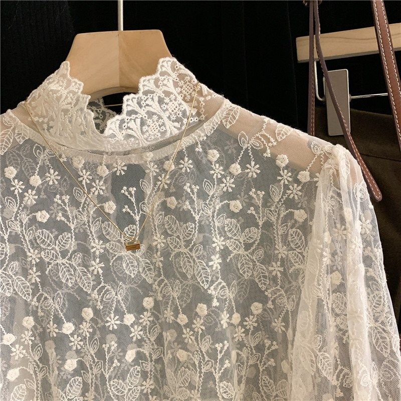 韩国订单宽松显瘦刺绣高领喇叭袖内搭蕾丝衫女2024早春打底网纱潮,淘宝优惠券,粉丝福利购,淘宝优惠卷