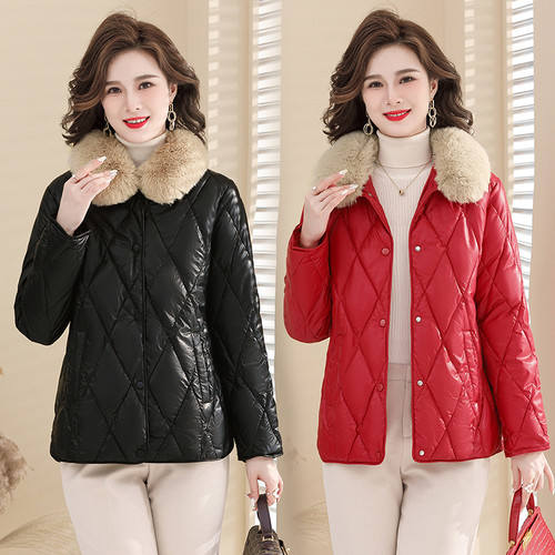 妈妈装2025冬装新款羽绒棉服pu皮上衣大码外套中老年短款小棉袄女 - 图1