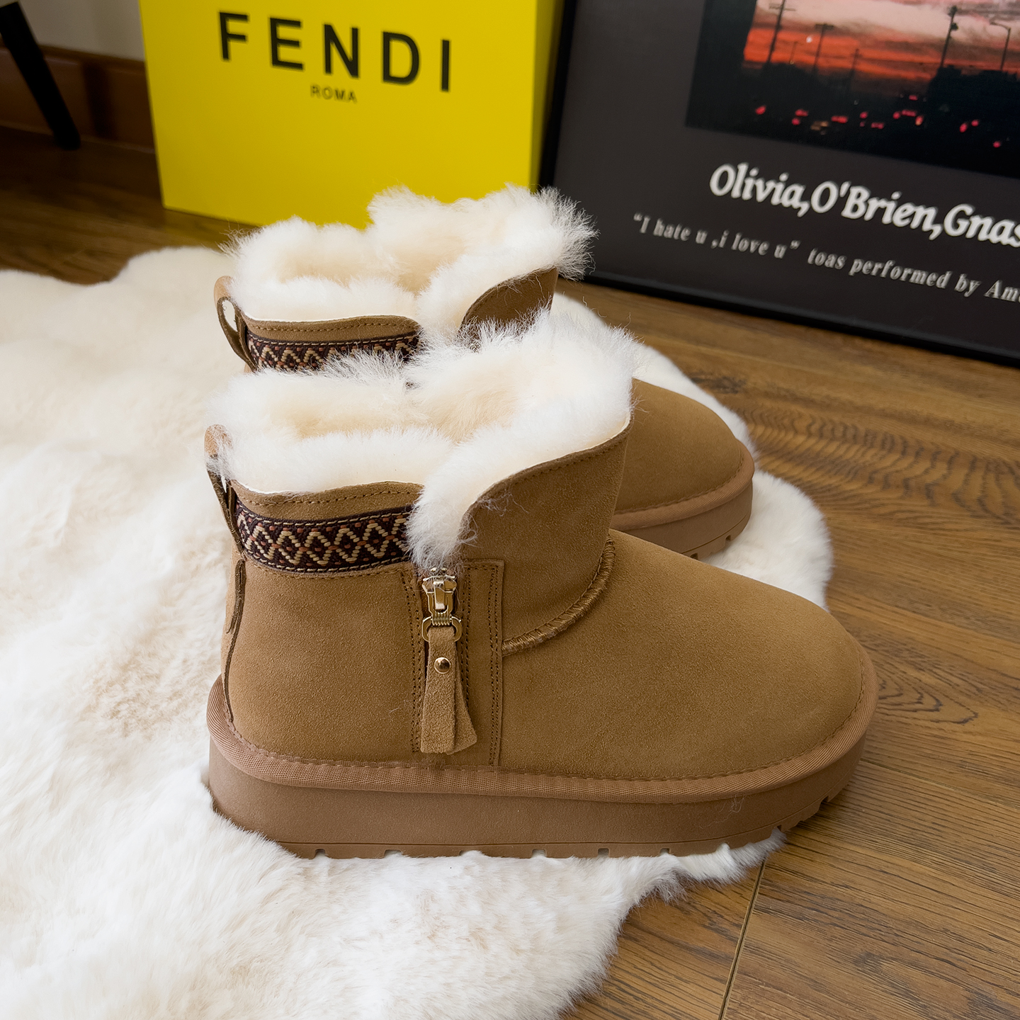 全羊毛雪地靴女短筒测拉链厚底羊毛靴防滑皮毛一体靴加厚保暖棉鞋 - 图3