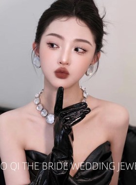 复古风银色椭圆项链耳环套装敬酒服D新娘摄影配饰高级感颈链耳钉