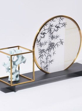 新中式铁艺竹叶亚克力配饰摆件样板房售楼处茶室客厅玄关软装饰品