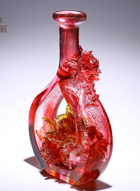 速发琉璃牡丹花朵瓶子摆件水晶工艺术品送给老师的生日礼物高档