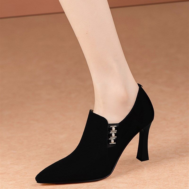 简约百搭深口鞋子女单鞋粗跟春秋季新款法式踝靴尖头高跟鞋磨砂皮,淘宝优惠券,粉丝福利购,淘宝优惠卷