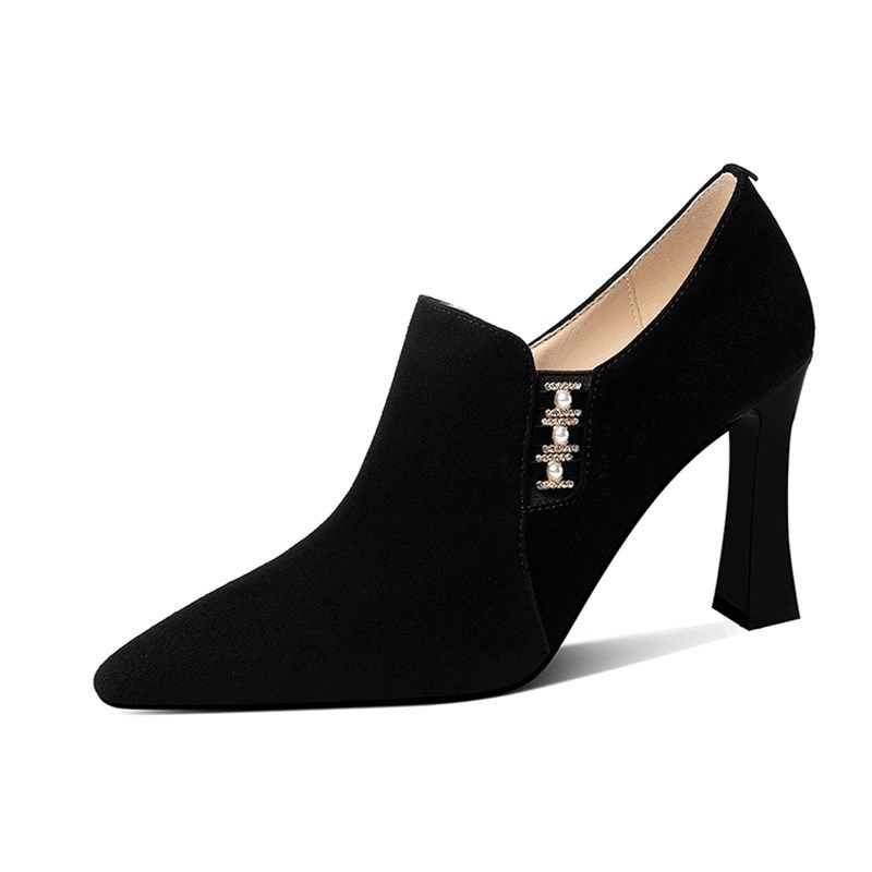 简约百搭深口鞋子女单鞋粗跟春秋季新款法式踝靴尖头高跟鞋磨砂皮,淘宝优惠券,粉丝福利购,淘宝优惠卷