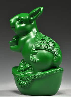 绿色实木兔子摆件木质雕刻十二生肖木头小兔吉祥物装饰木制工艺品