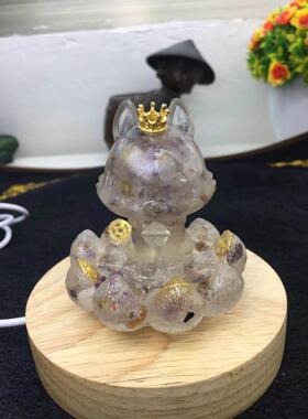 好记水晶滴胶碎石九尾狐摆件黄水晶粉水晶紫水晶金曜石高7cm左右