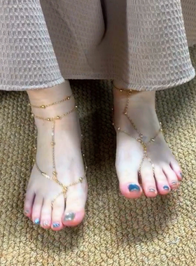 性感辣妹圆珠脚链欧美波西米亚度假风沙滩连指脚链配饰anklet脚环