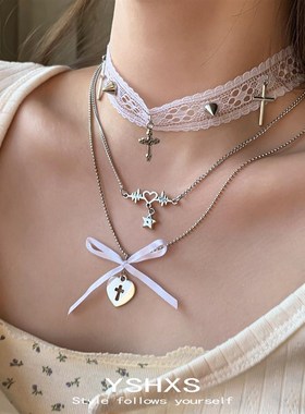 多层蕾丝爱心十字架项链蝴蝶结叠带白色颈链项圈小众女颈带