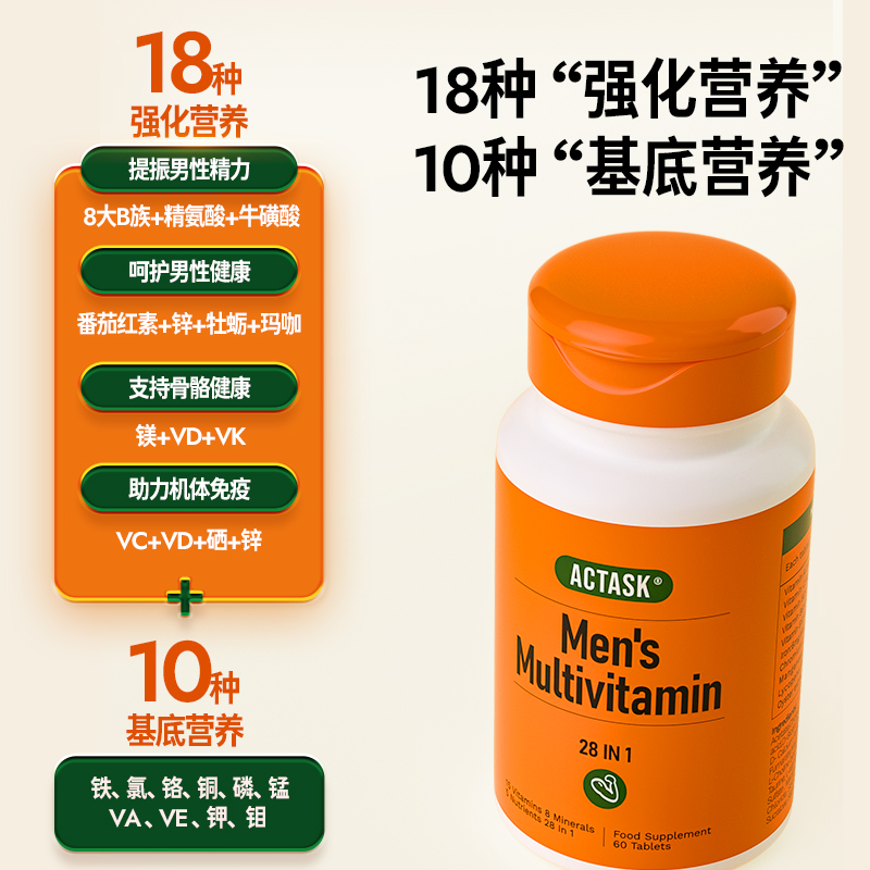 进口actask男士复合维生素28种多维矿物质精力免疫番茄红素牡蛎精 - 图1