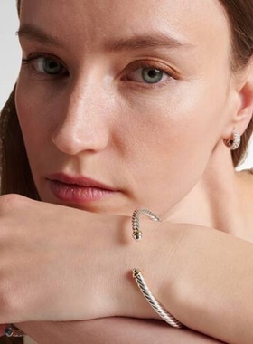 David Yurman 女款Flex 麻花扭纹纯银14kt金手镯 迷衣时尚