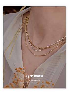 高保色真空电镀真金 轻奢冷淡风天然珍珠项链叠戴双层锆石锁骨链