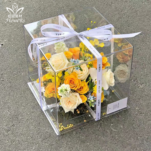 亚克力盒子高透明鲜花盒鲜花礼品盒轻奢礼物M方盒手办展示盒防尘 - 图2