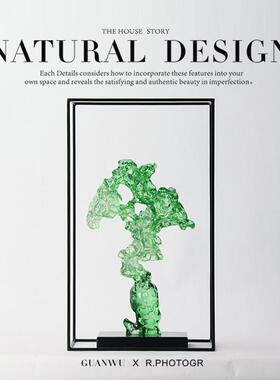 新中式绿色树脂太湖石摆件展厅售楼处客厅隔断书房书柜软装饰品