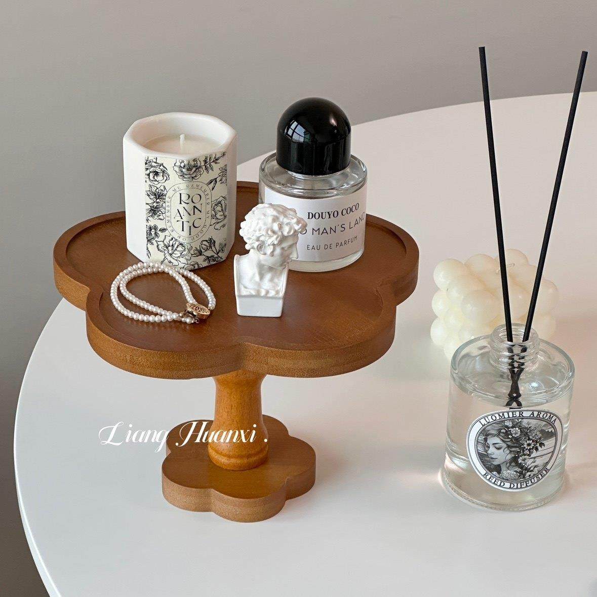花朵木质香薰托盘高脚香水置物架首饰托盘化妆品收纳玄关钥匙收纳,淘宝优惠券,粉丝福利购,淘宝优惠卷