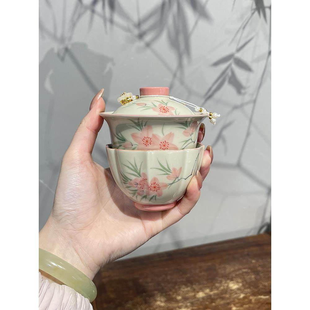 景哲釉下彩手绘桃花盖碗套装陶瓷茶具一碗一杯户外便携旅行套装,淘宝优惠券,粉丝福利购,淘宝优惠卷