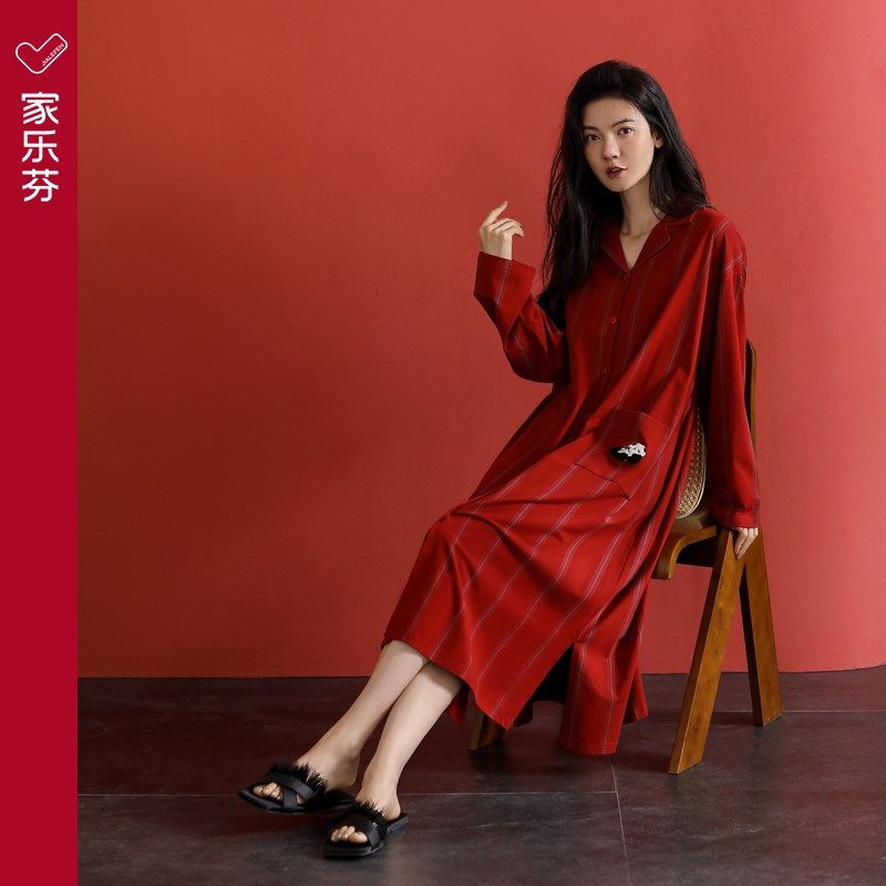 家乐芬大红色睡裙女士睡衣春秋季秋款纯棉长袖大码长款本命年蛇年,淘宝优惠券,粉丝福利购,淘宝优惠卷