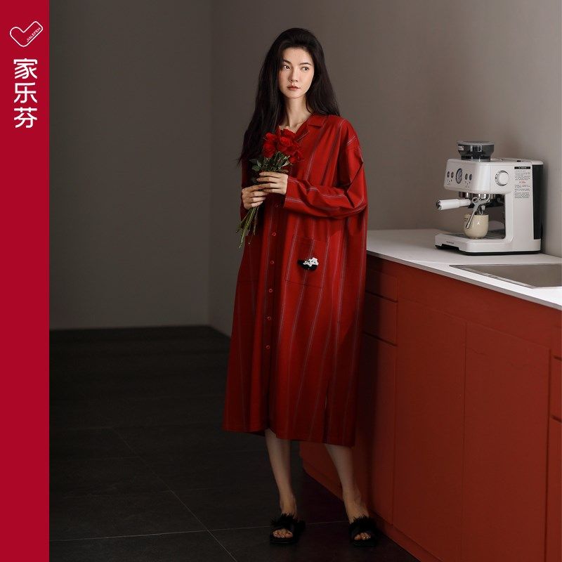 家乐芬大红色睡裙女士睡衣春秋季秋款纯棉长袖大码长款本命年蛇年,淘宝优惠券,粉丝福利购,淘宝优惠卷