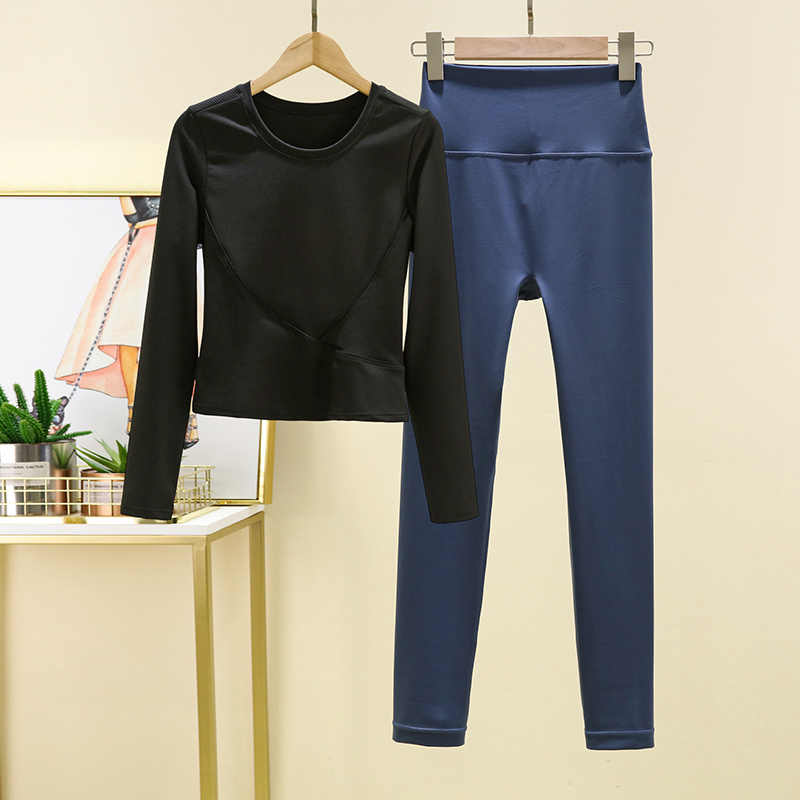 秋冬瑜伽服女套装打底衫普拉提跑步健身服短款运动长袖不带胸垫 - 图2