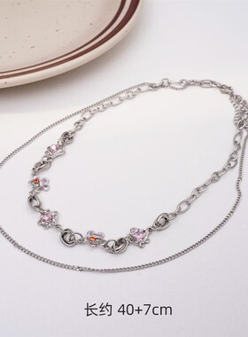 绿色爱心项链彩色花朵锆石拼接项链女叠戴高级风小众设计感颈链