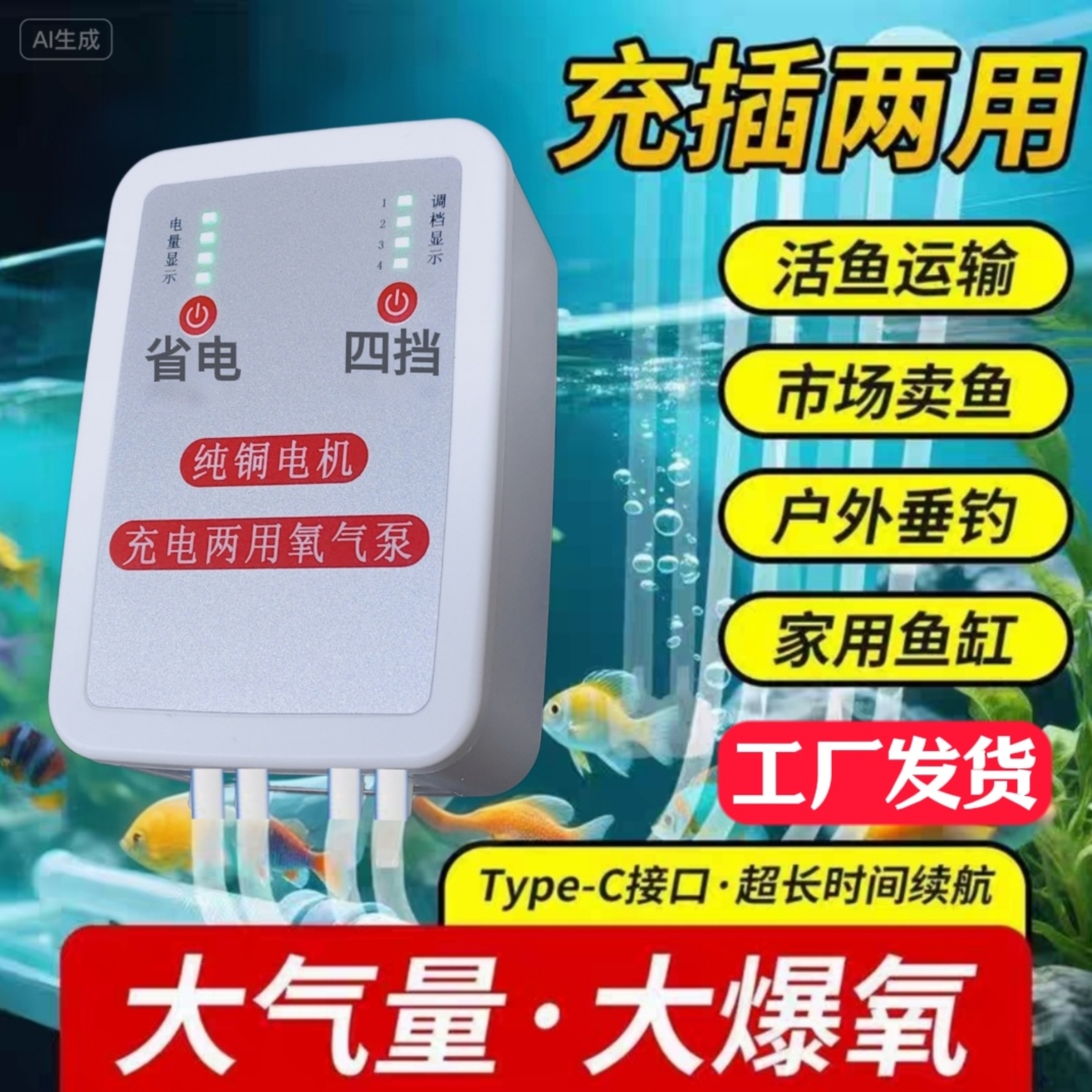 增氧泵钓鱼专用小型充电增氧机家用养鱼缸氧气泵户外超静音打氧机 - 图3